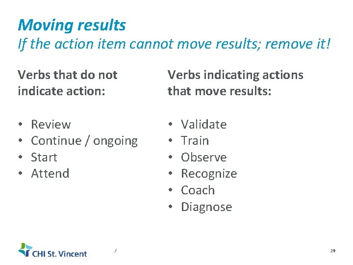 Moving results If the action item cannot move results; remove it! Verbs that do