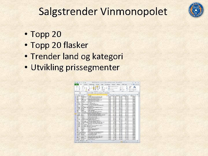 Salgstrender Vinmonopolet • • Topp 20 flasker Trender land og kategori Utvikling prissegmenter 