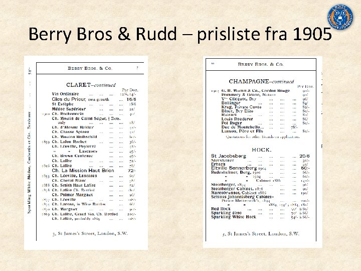 Berry Bros & Rudd – prisliste fra 1905 