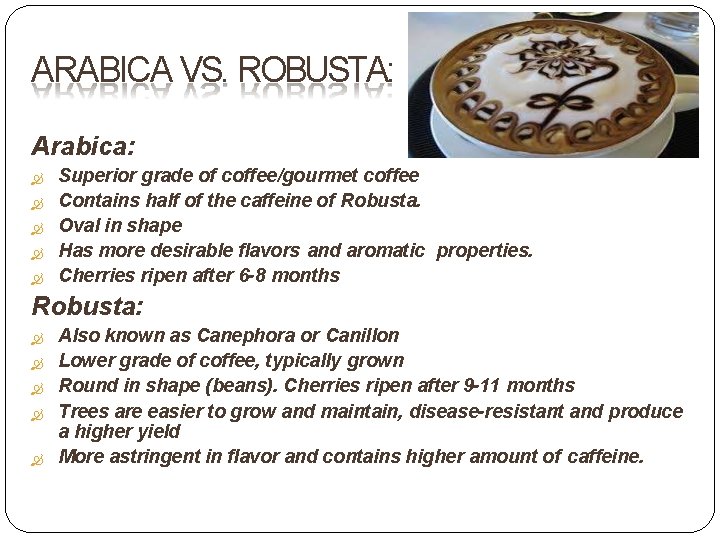 ARABICA VS. ROBUSTA: Arabica: Superior grade of coffee/gourmet coffee Contains half of the caffeine