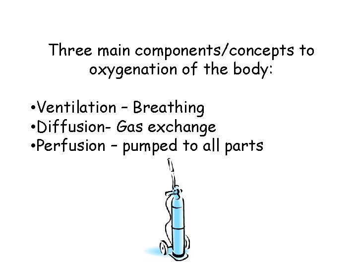 Three main components/concepts to oxygenation of the body: • Ventilation – Breathing • Diffusion-