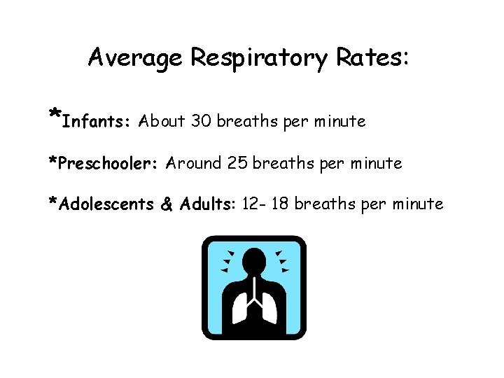 Average Respiratory Rates: *Infants: About 30 breaths per minute *Preschooler: Around 25 breaths per
