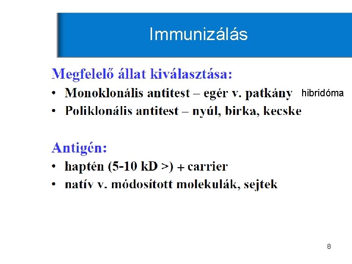 Immunizálás hibridóma + 8 