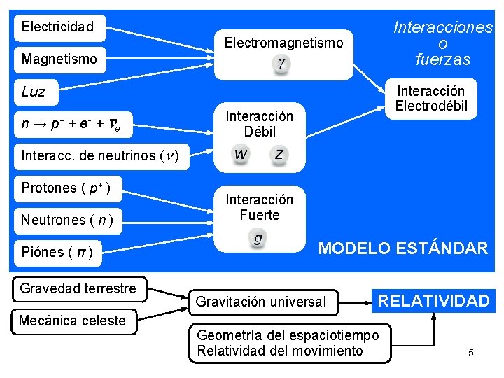 Interacciones o fuerzas Electricidad Electromagnetismo Magnetismo Luz n → p + + e -