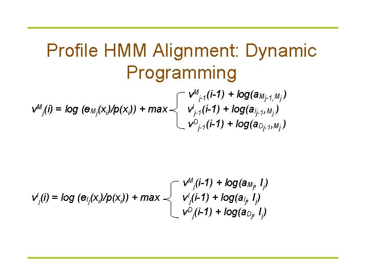 Profile HMM Alignment: Dynamic Programming v. Mj(i) = log (e. Mj(xi)/p(xi)) + max v.