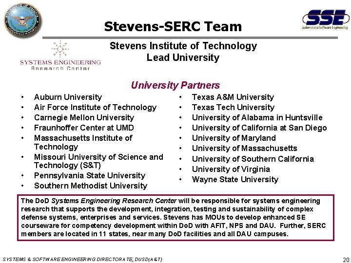 Stevens-SERC Team Stevens Institute of Technology Lead University Partners • • Auburn University Air
