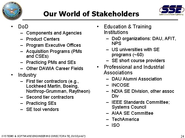 Our World of Stakeholders • Do. D – – Components and Agencies Product Centers