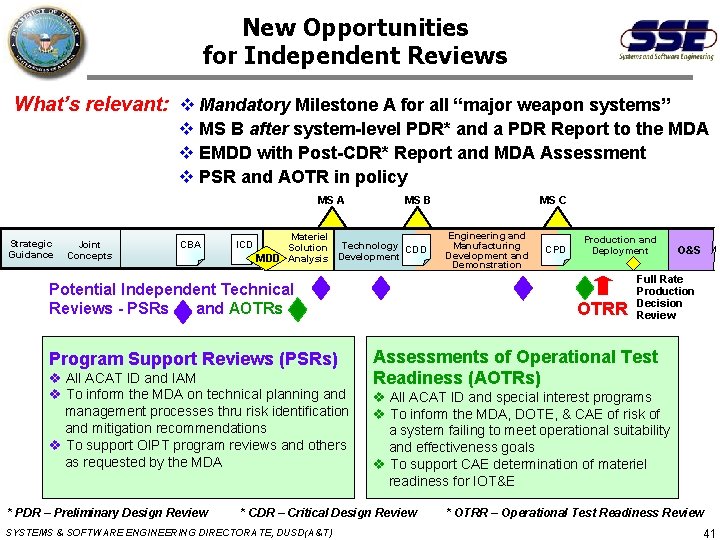 New Opportunities for Independent Reviews What’s relevant: Mandatory Milestone A for all “major weapon