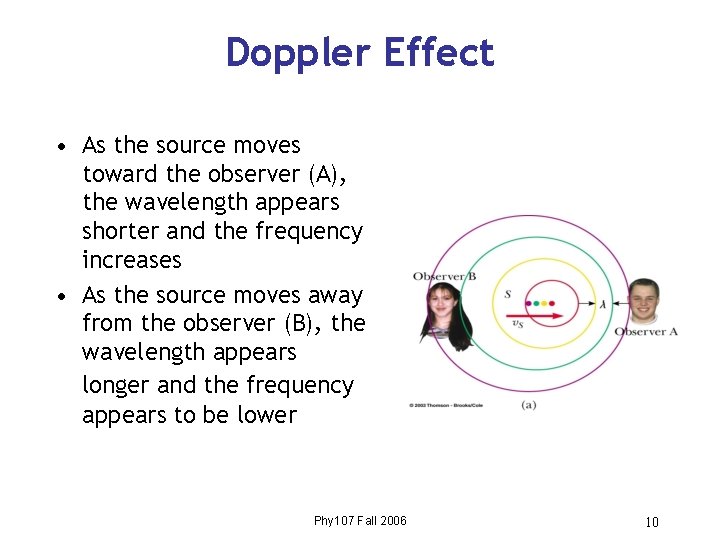 Doppler Effect • As the source moves toward the observer (A), the wavelength appears