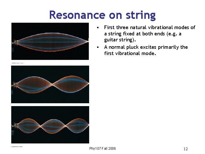 Resonance on string • First three natural vibrational modes of a string fixed at