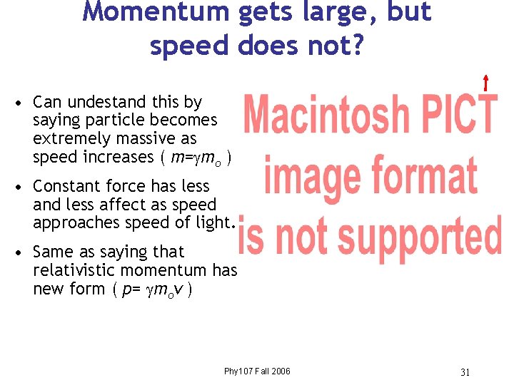Momentum gets large, but speed does not? • Can undestand this by saying particle