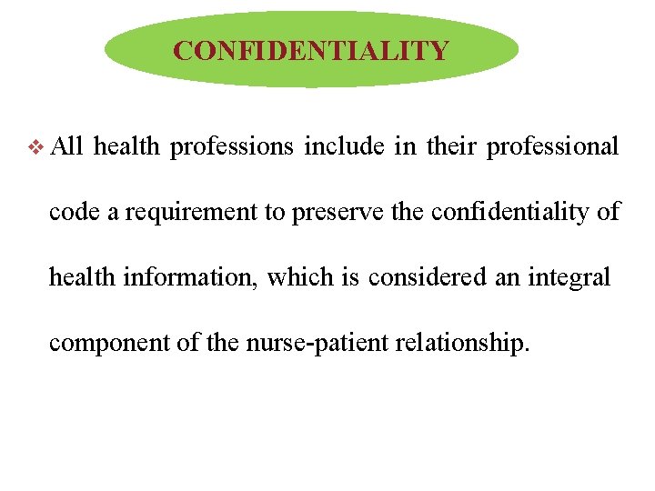 CONFIDENTIALITY v All health professions include in their professional code a requirement to preserve