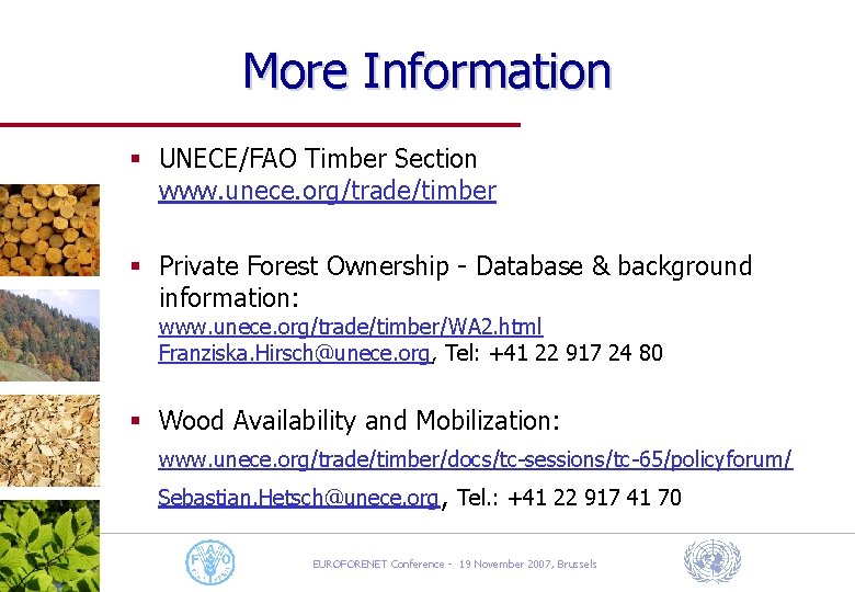 More Information § UNECE/FAO Timber Section www. unece. org/trade/timber § Private Forest Ownership Database
