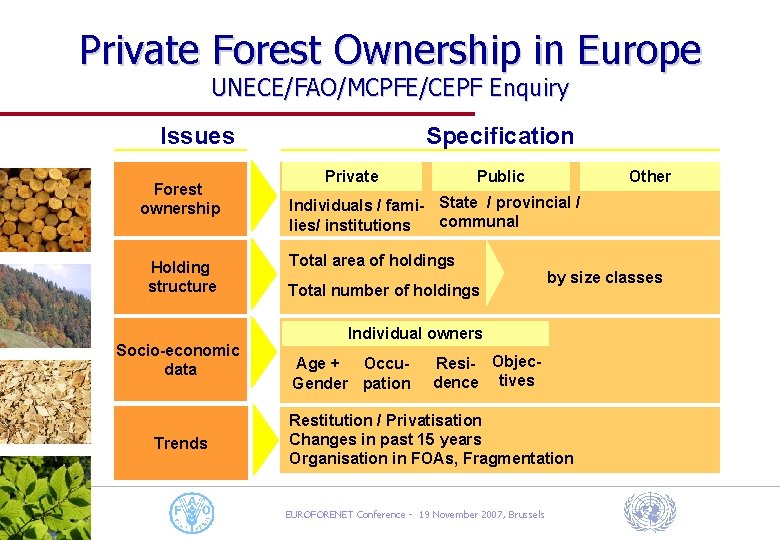 Private Forest Ownership in Europe UNECE/FAO/MCPFE/CEPF Enquiry Specification Issues Forest ownership Holding structure Socio-economic