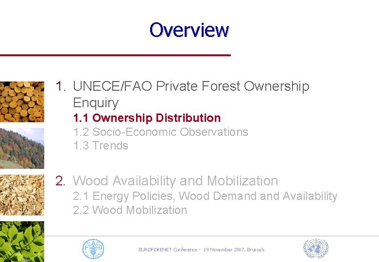 Overview 1. UNECE/FAO Private Forest Ownership Enquiry 1. 1 Ownership Distribution 1. 2 Socio-Economic