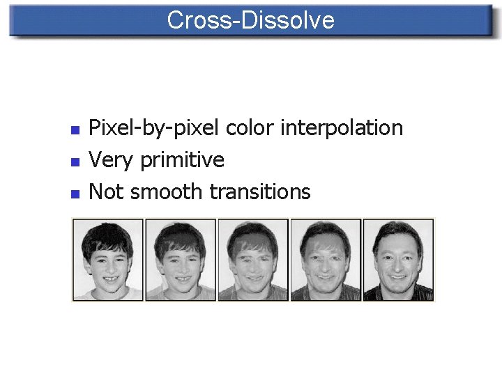 Cross-Dissolve n n n Pixel-by-pixel color interpolation Very primitive Not smooth transitions 