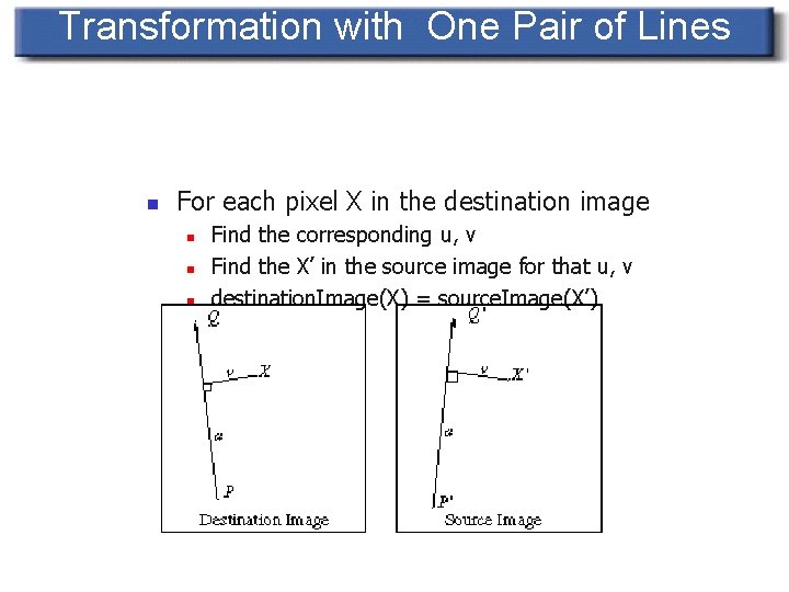 Transformation with One Pair of Lines n For each pixel X in the destination