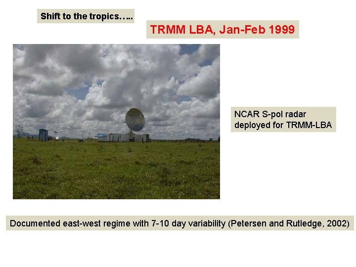 Shift to the tropics…. . TRMM LBA, Jan-Feb 1999 NCAR S-pol radar deployed for