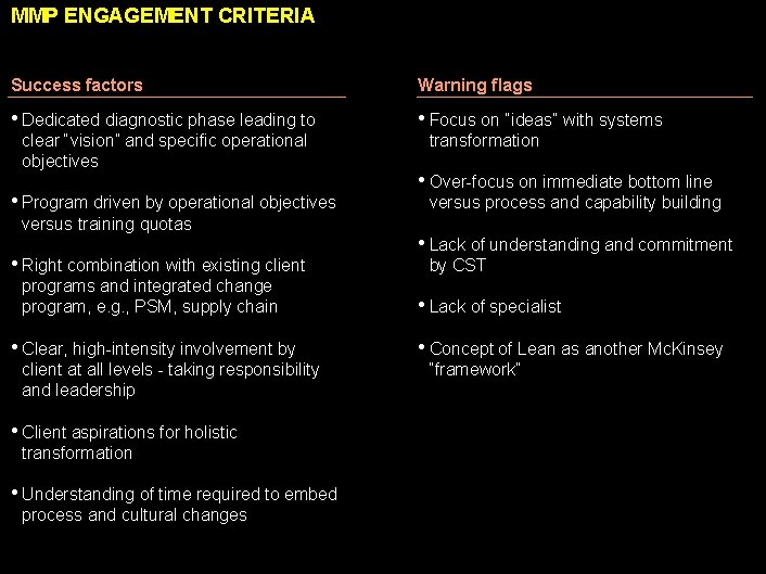 MMP ENGAGEMENT CRITERIA Success factors Warning flags • Dedicated diagnostic phase leading to •