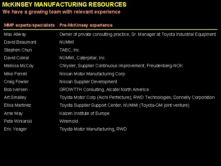 Mc. KINSEY MANUFACTURING RESOURCES We have a growing team with relevant experience MMP experts/specialists