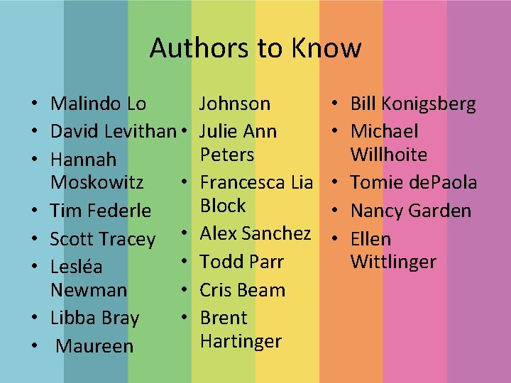 Authors to Know • Malindo Lo • David Levithan • • Hannah Moskowitz •