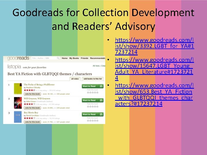 Goodreads for Collection Development and Readers’ Advisory • https: //www. goodreads. com/l ist/show/3392. LGBT_for_YA#1