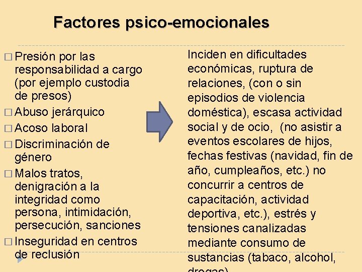 Factores psico-emocionales � Presión por las responsabilidad a cargo (por ejemplo custodia de presos)
