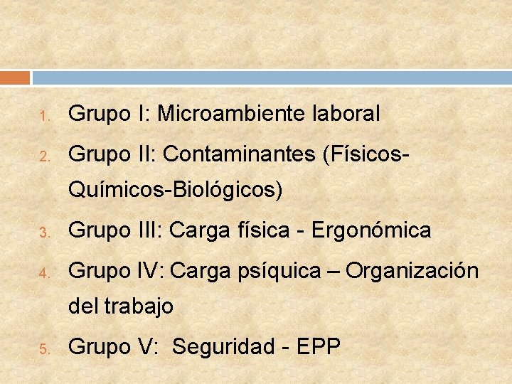 1. Grupo I: Microambiente laboral 2. Grupo II: Contaminantes (Físicos. Químicos-Biológicos) 3. Grupo III: