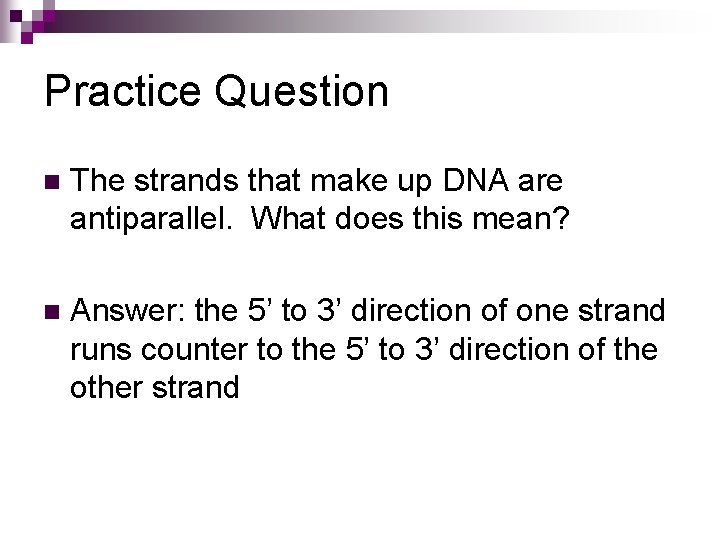 Practice Question n The strands that make up DNA are antiparallel. What does this