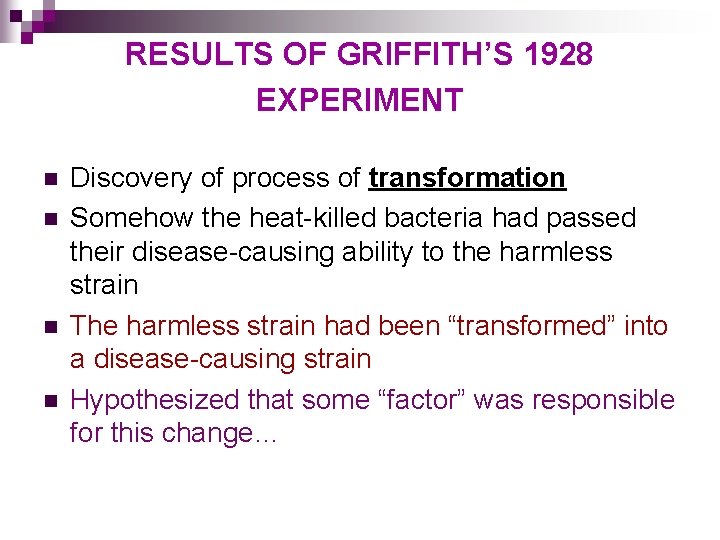 RESULTS OF GRIFFITH’S 1928 EXPERIMENT n n Discovery of process of transformation Somehow the