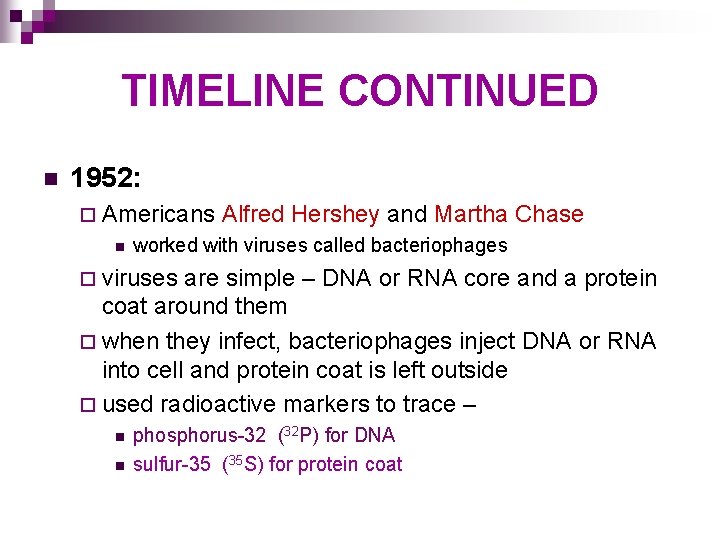 TIMELINE CONTINUED n 1952: ¨ Americans n Alfred Hershey and Martha Chase worked with