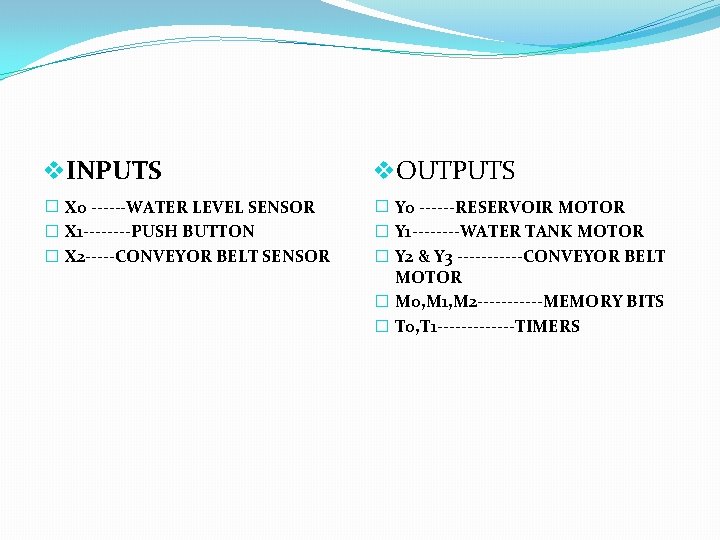 v. INPUTS v. OUTPUTS � X 0 ------WATER LEVEL SENSOR � X 1 ----PUSH