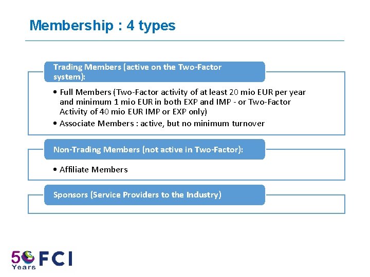 Membership : 4 types Trading Members (active on the Two-Factor system): • Full Members