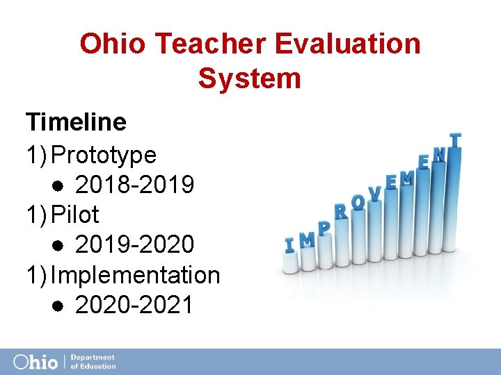 Ohio Teacher Evaluation System Timeline 1) Prototype ● 2018 -2019 1) Pilot ● 2019