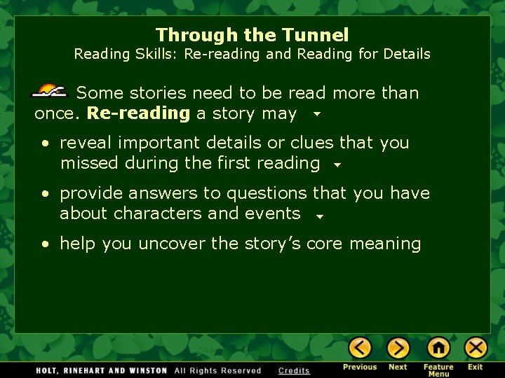Through the Tunnel Reading Skills: Re-reading and Reading for Details Some stories need to
