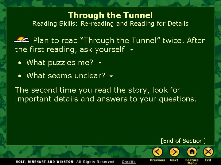 Through the Tunnel Reading Skills: Re-reading and Reading for Details Plan to read “Through