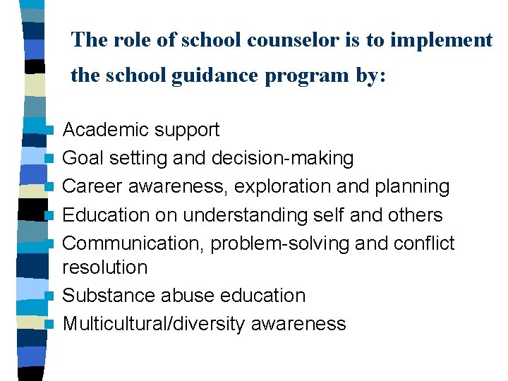 The role of school counselor is to implement the school guidance program by: n
