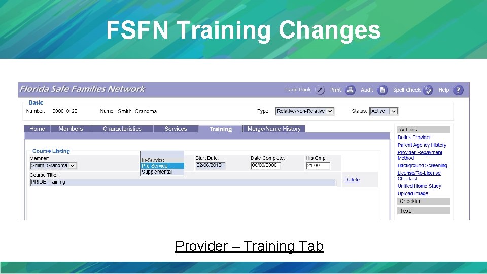 FSFN Training Changes Provider – Training Tab 