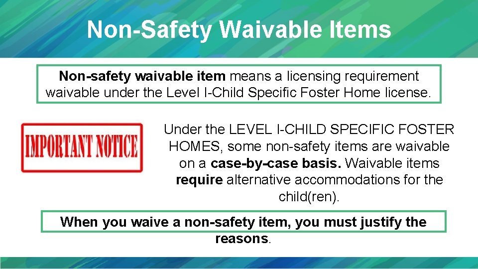 Non-Safety Waivable Items Non-safety waivable item means a licensing requirement waivable under the Level