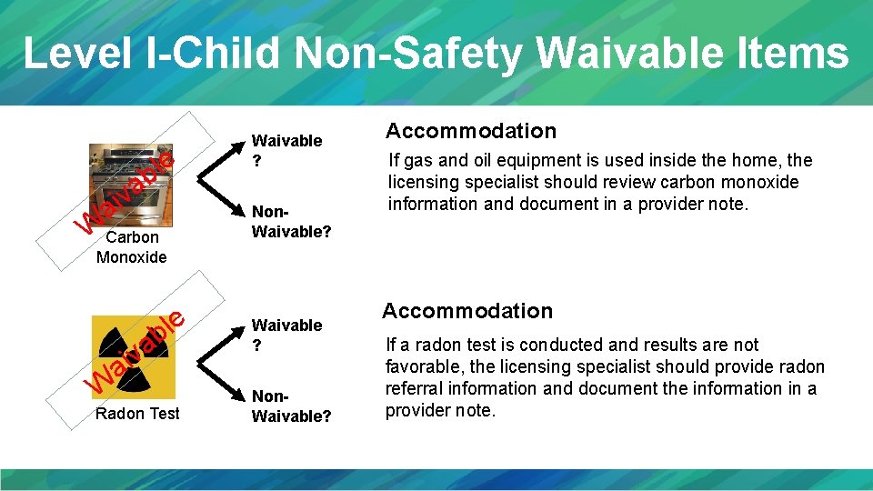 Level I-Child Non-Safety Waivable Items e l b va i a Waivable ? Non.