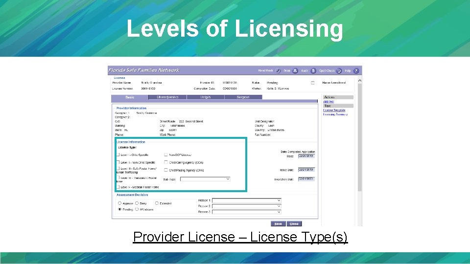 Levels of Licensing Provider License – License Type(s) 