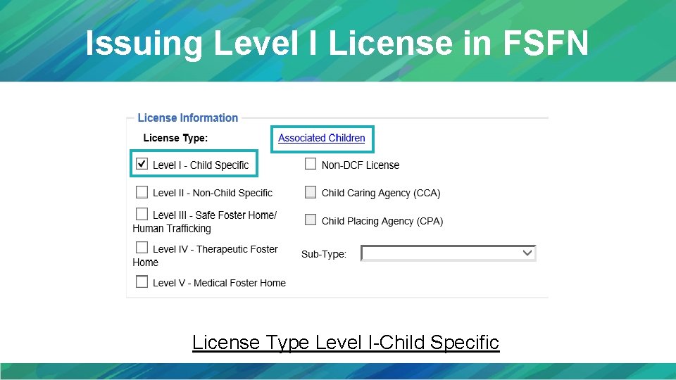 Issuing Level I License in FSFN License Type Level I-Child Specific 