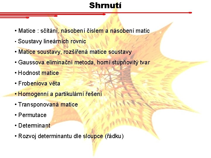 Shrnutí • Matice : sčítání, násobení číslem a násobení matic • Soustavy lineárních rovnic