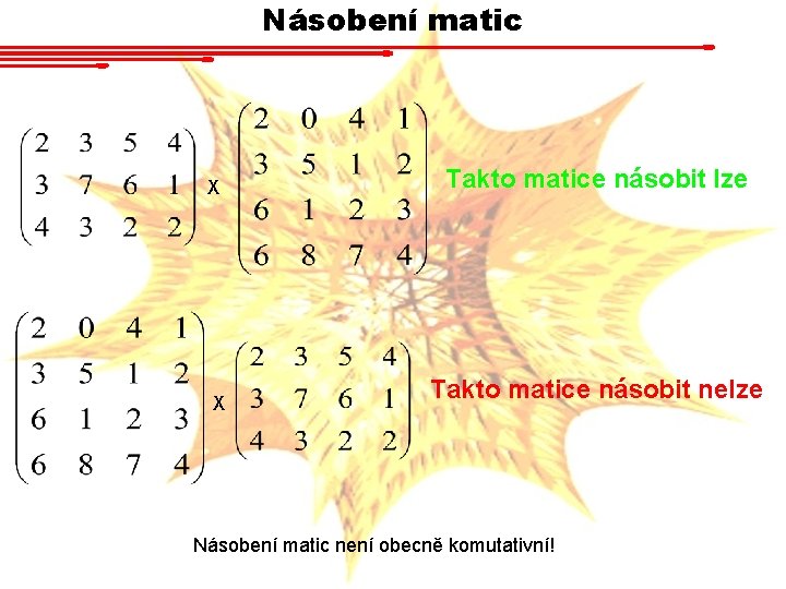 Násobení matic X X Takto matice násobit lze Takto matice násobit nelze Násobení matic