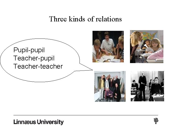 Three kinds of relations Pupil-pupil Teacher-teacher 