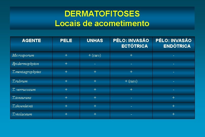 DERMATOFITOSES Locais de acometimento AGENTE PELE UNHAS PÊLO: INVASÃO ECTÓTRICA PÊLO: INVASÃO ENDÓTRICA Microsporum