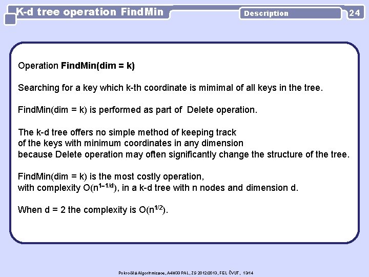 K-d tree operation Find. Min Description 24 Operation Find. Min(dim = k) Searching for