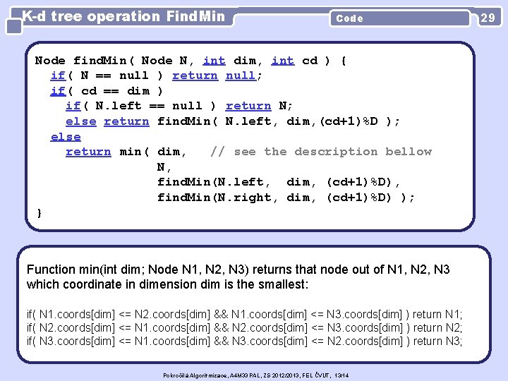 K-d tree operation Find. Min Code Node find. Min( Node N, int dim, int