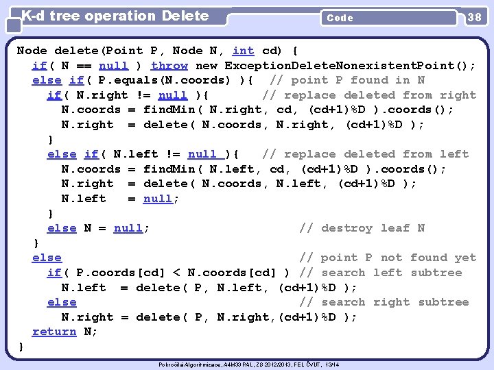 K-d tree operation Delete Code 38 Node delete(Point P, Node N, int cd) {