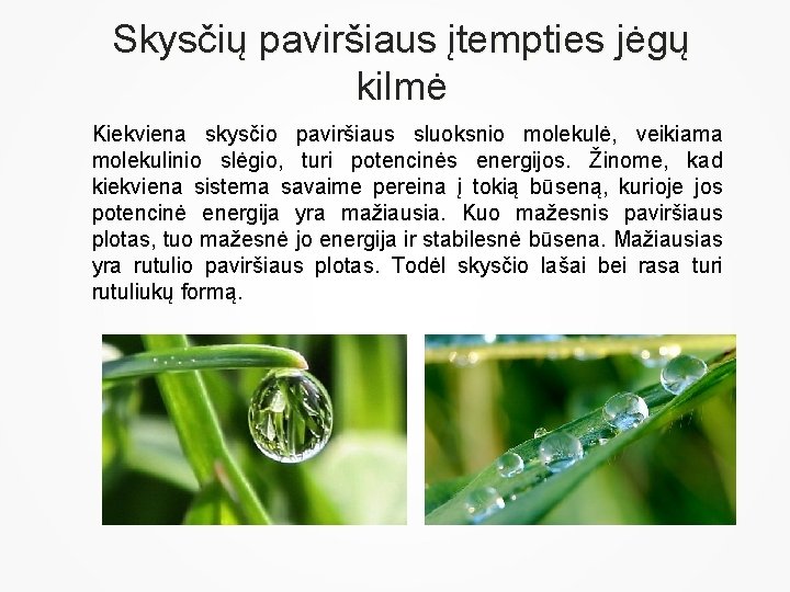 Skysčių paviršiaus įtempties jėgų kilmė Kiekviena skysčio paviršiaus sluoksnio molekulė, veikiama molekulinio slėgio, turi